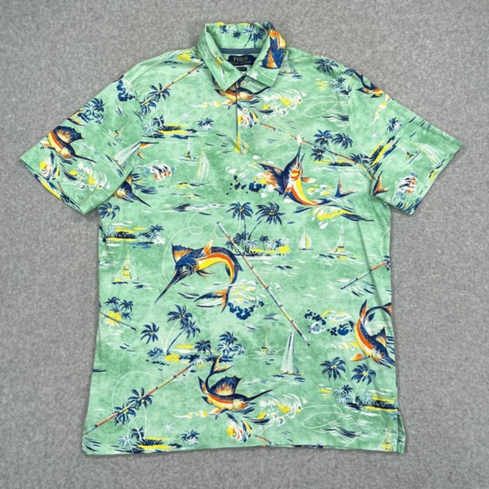 Polo Ralph Lauren Shirt Mens Medium Green Marlin Tropical‎ Fishing Short Sleeve - Picture 2 of 12
